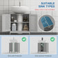 Grey under-sink storage cabinet with doors open to show interior shelves and storage space.