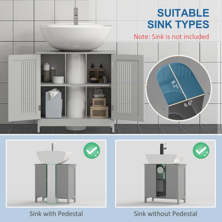 Grey under-sink storage cabinet with doors open to show interior shelves and storage space.