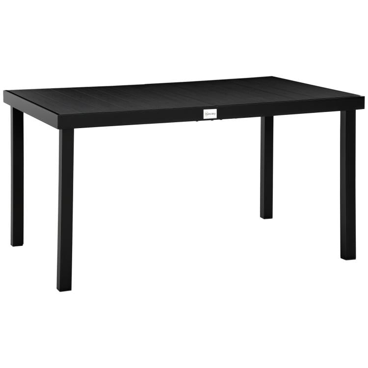 Rectangular outdoor dining table with black woodgrain tabletop and four metal legs