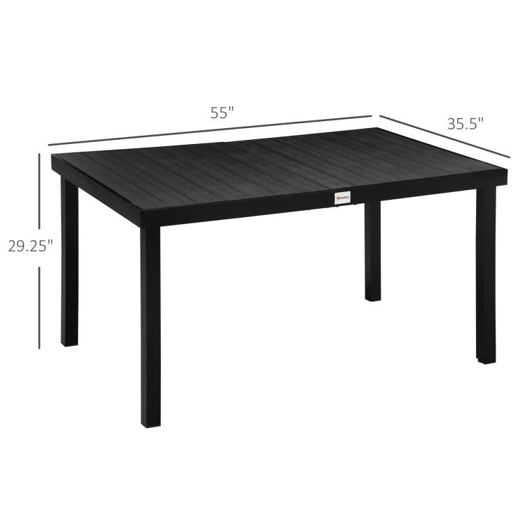 Rectangular patio table with black woodgrain top, metal legs, and size dimensions