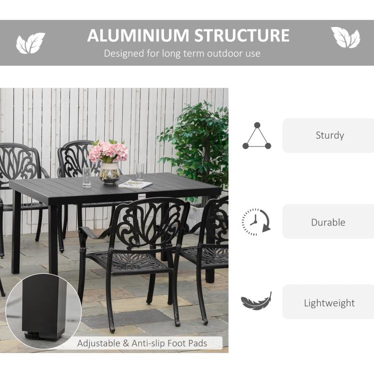 Aluminum structure feature graphic for black outdoor dining table