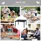 Multi-use outdoor table collage with a black rectangular table shown in center