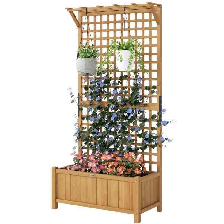 Wood tall trellis planter with raised bed and hanging pots for climbing vines, light wood