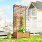 Wood trellis planter with raised bed and multiple flower baskets, backyard garden setup