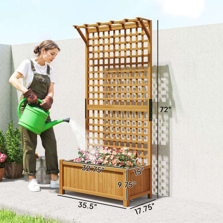 Wood trellis planter with raised bed dimensions on frame, tall climbing trellis