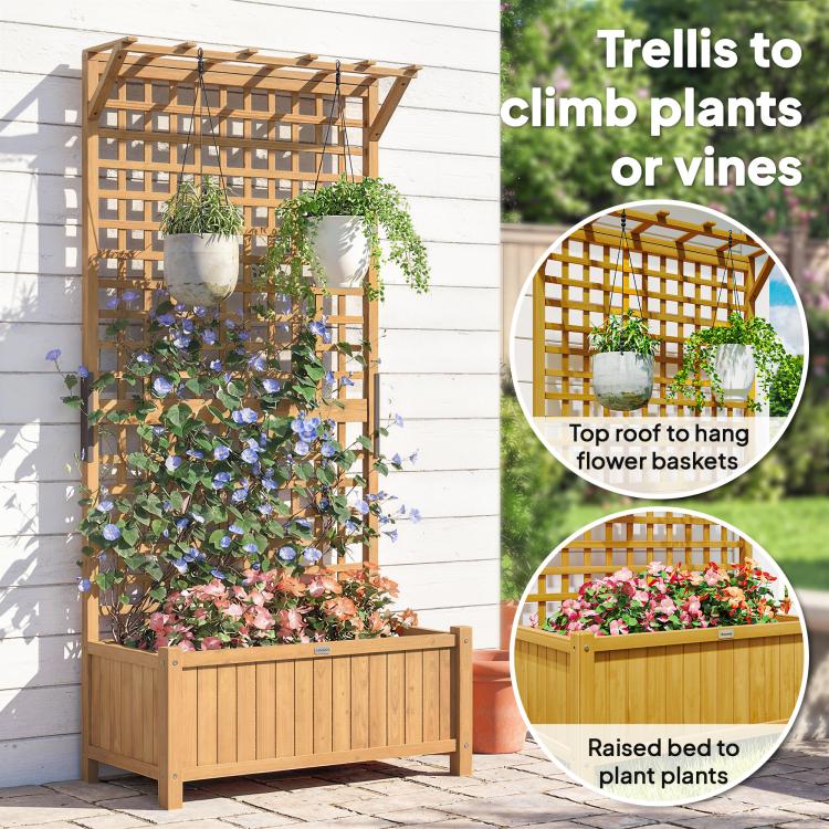 Wood trellis planter with hanging flower baskets and raised planting bed for vines
