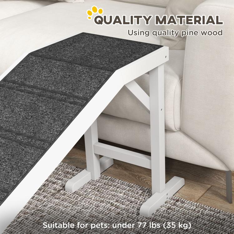 Foldable pet ramp showing dark carpet top, white frame legs, and stable base