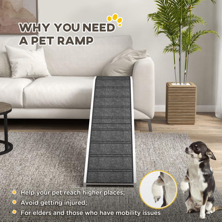 Foldable dog ramp with dark non-slip carpet surface and white supports for pets