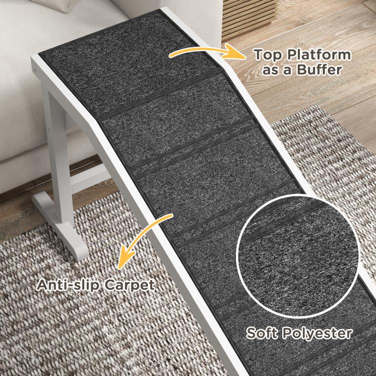 Dog ramp with anti-slip carpet top, white frame, and soft textured carpet detail