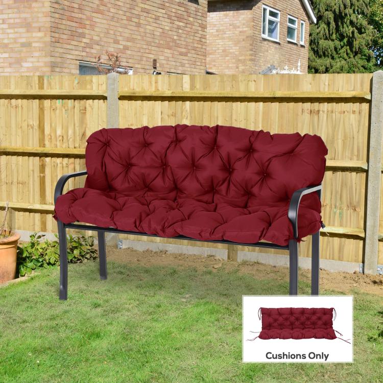 Wine red tufted bench cushion shown on a swing chair seat, with tie ropes
