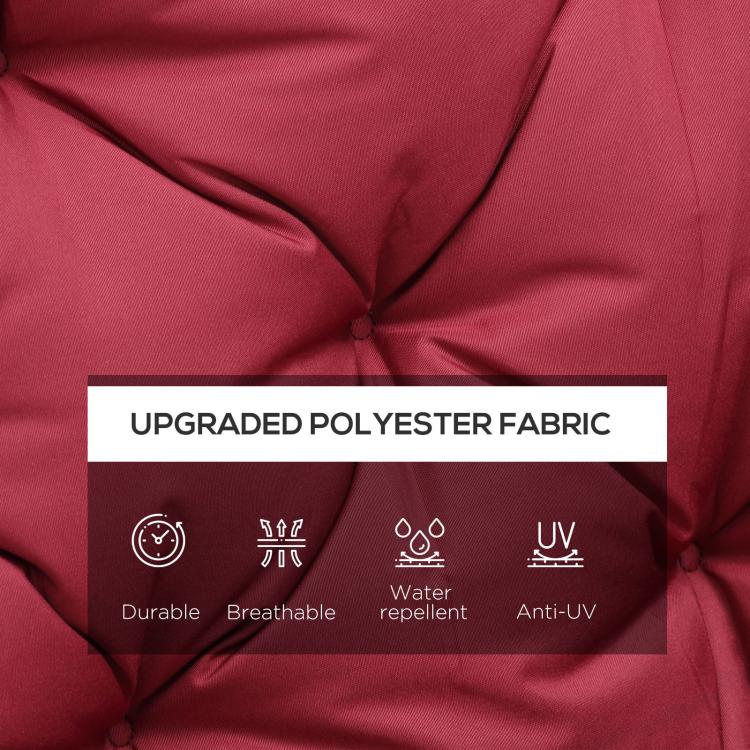 Wine red cushion fabric detail with upgrade icons for water-repellent and UV protection