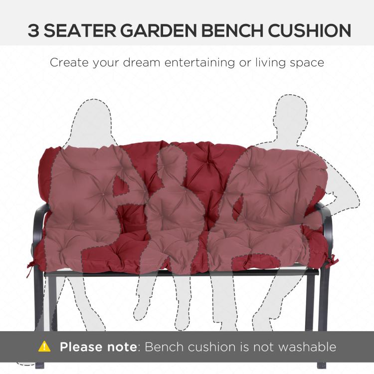 Wine red 3-seater garden bench cushion with tufted quilted surface and tie ends