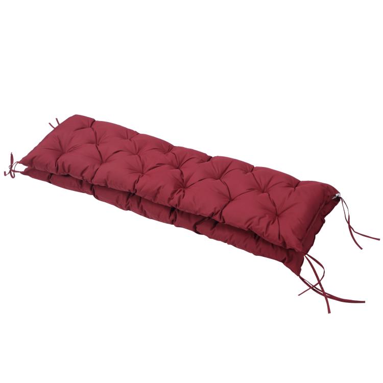 Wine red tufted bench cushion with diamond quilting and tied corners on top view