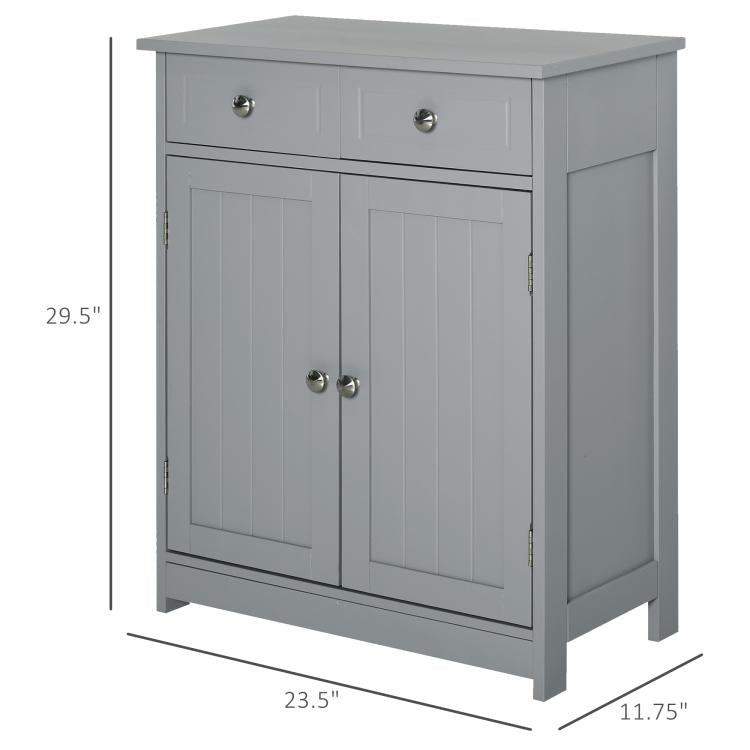 Gray freestanding bathroom cabinet front view with 2 doors and top drawers