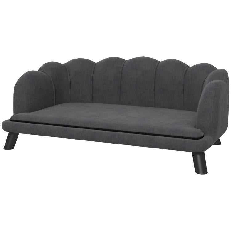 Charcoal gray upholstered pet sofa with rounded back and cushioned seat