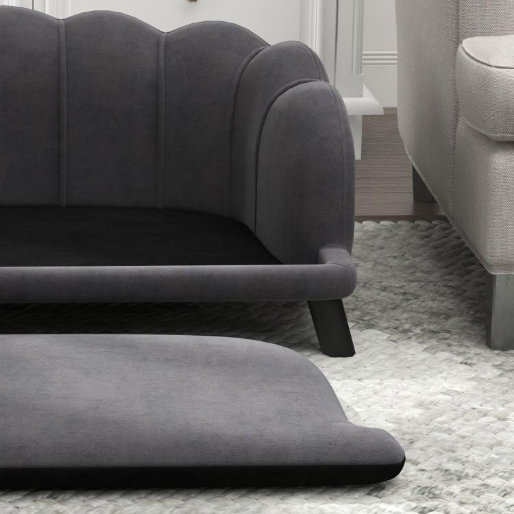 Charcoal gray pet sofa with cushioned seat and back, solid wood legs