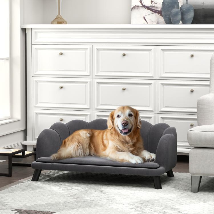 Charcoal gray pet sofa with rounded backrest and cushioned seat, dog lounging