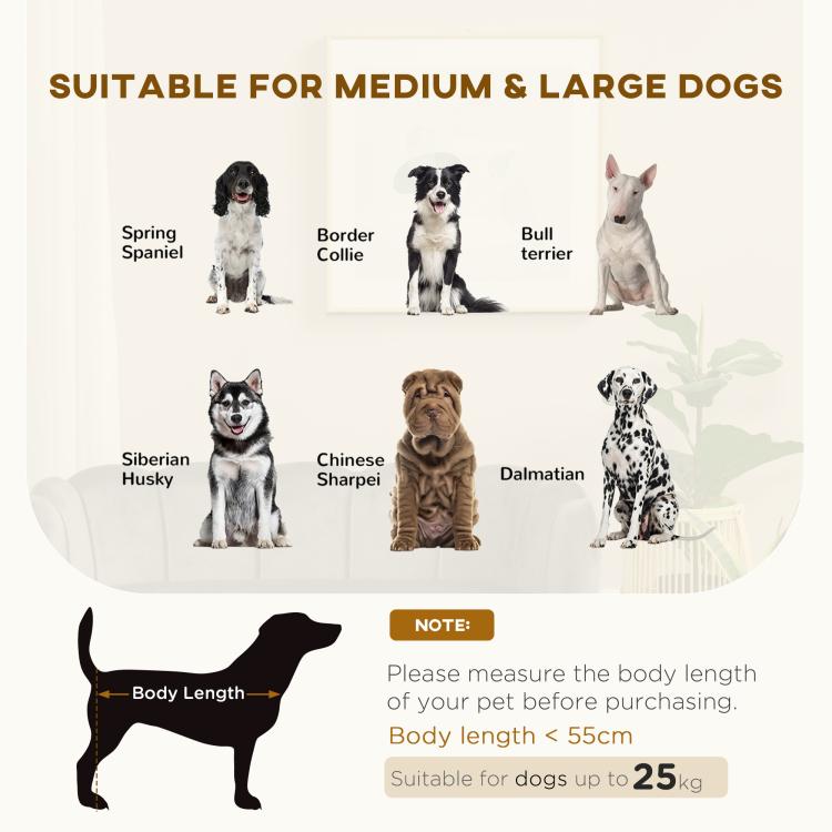 Pet sofa sizing graphic with dog silhouettes and body-length guide