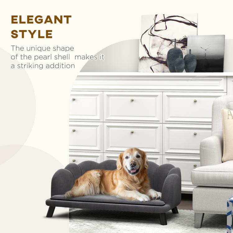 Pet sofa style graphic with rounded backrest and dog resting on the seat