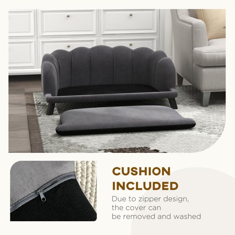 Charcoal gray pet sofa with removable zipper cushion cover, cushion shown