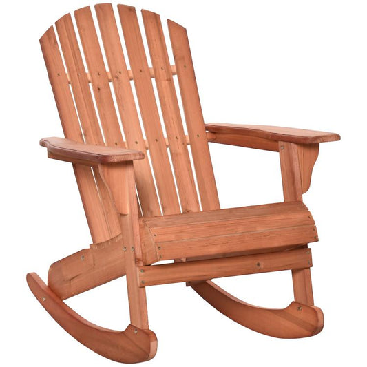 Teak wood Adirondack rocking chair with slatted fan back and curved rocking base