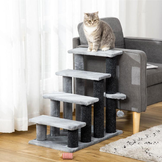 Gray and black cat tower with platforms, hanging ball, and resting cat