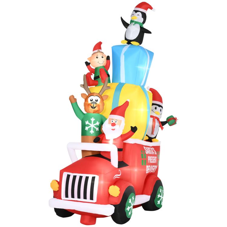 Inflatable Christmas Santa gift car with penguins, elf, reindeer and snowflake