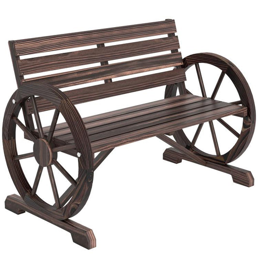 Rustic wooden wagon wheel bench with slatted seat and backrest, dark brown finish