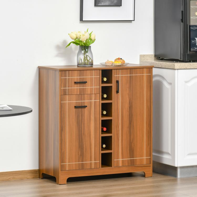 Brown retro wine cabinet with drawer, side doors, and bottle rack center column