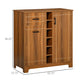Brown retro wine cabinet with drawer and bottle rack, shown with product size outline