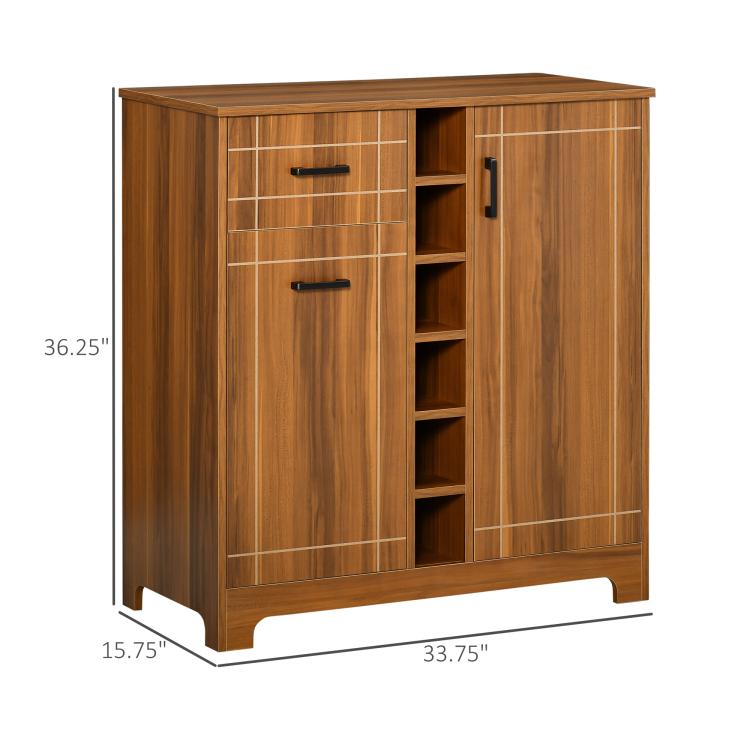Brown retro wine cabinet with drawer and bottle rack, shown with product size outline