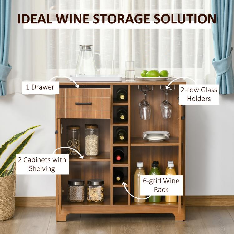 Retro brown wine cabinet interior with drawer, 2-row glass holders, and wine storage grid