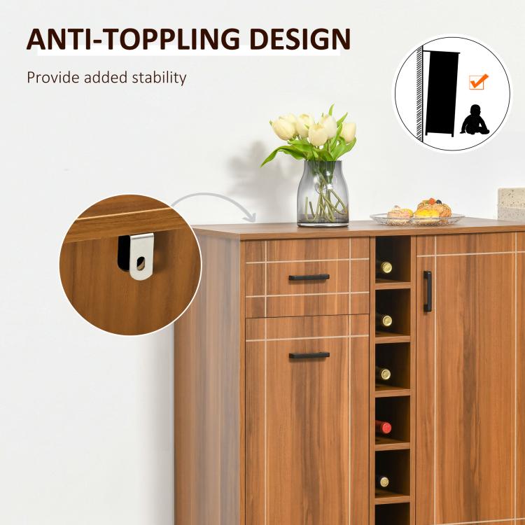 Retro brown wine cabinet with drawer, door handle, and anti-toppling stable base design