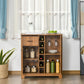 Retro brown wine cabinet with open shelves for bottles and glassware, countertop-ready style