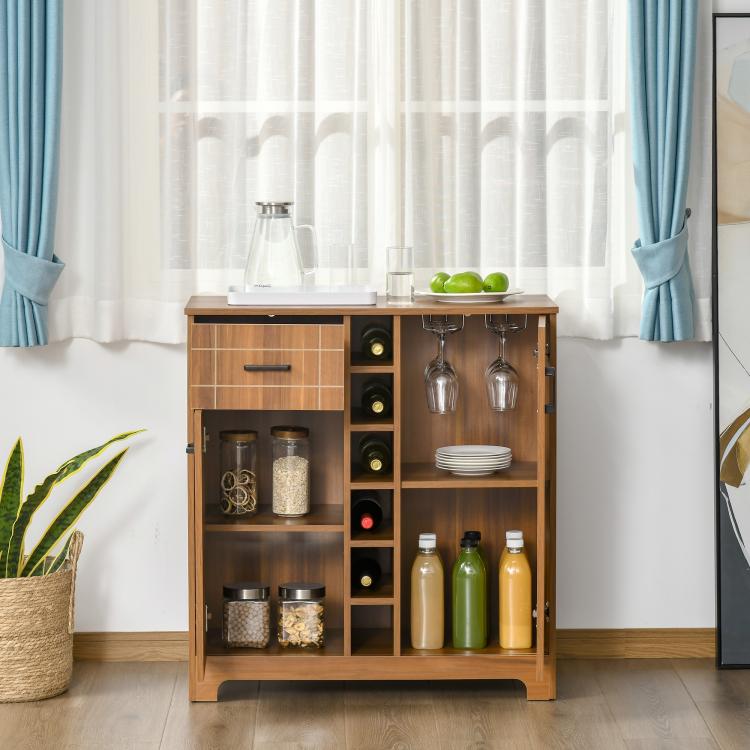 Retro brown wine cabinet with open shelves for bottles and glassware, countertop-ready style