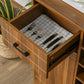 Brown wine cabinet drawer insert with utensil holders and grid-pattern tray