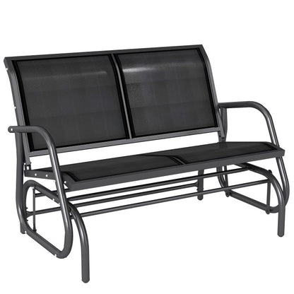 Black outdoor glider bench with two mesh backrests and padded seat, steel frame