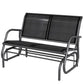 Black outdoor glider bench with curved steel armrests and mesh back panels