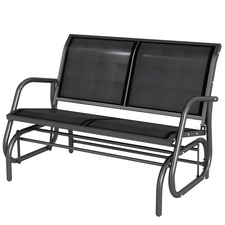 Black outdoor glider bench with curved steel armrests and mesh back panels