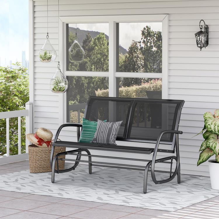 Black double glider rocking loveseat bench with mesh back and seat cushions