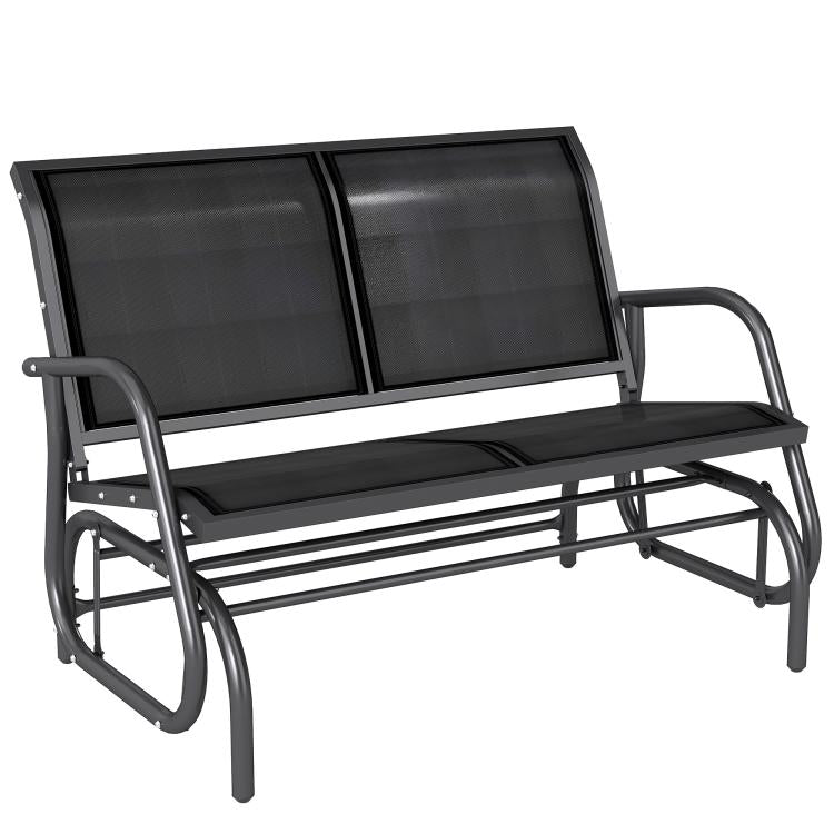 Black metal rocking loveseat bench with curved arms and two-panel mesh back