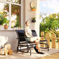 Black outdoor glider bench with two mesh backrests, used by seated adults