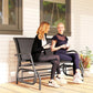 Black glider loveseat bench with mesh back and armrests, two people seated