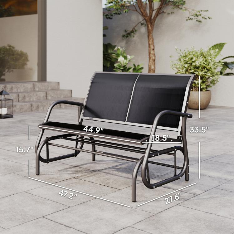 Black double outdoor glider bench with two mesh panels and rocker base frame