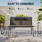 Black outdoor glider bench with two mesh back panels and metal base frame