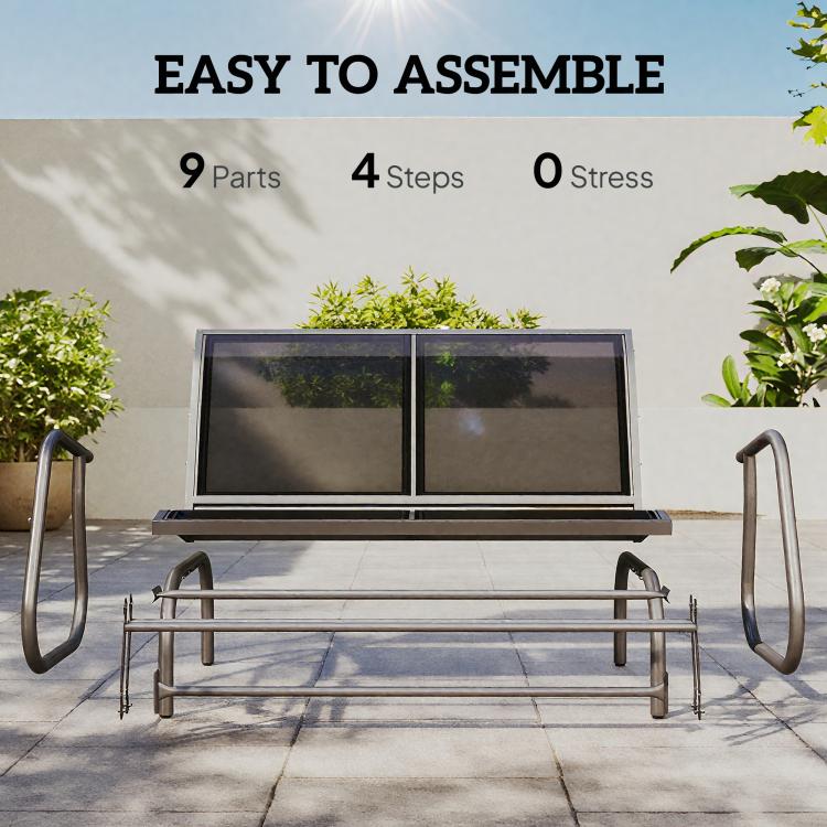 Black outdoor glider bench with two mesh back panels and metal base frame