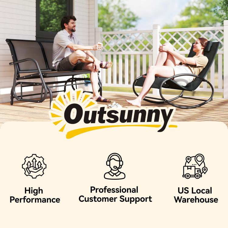 Black outdoor glider bench with smooth rocking frame and mesh back panels