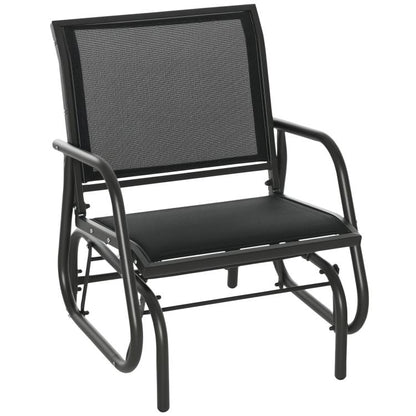 Black steel outdoor glider chair with mesh backrest and curved armrests