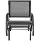 Black steel outdoor glider chair with mesh back panel and wide fabric seat