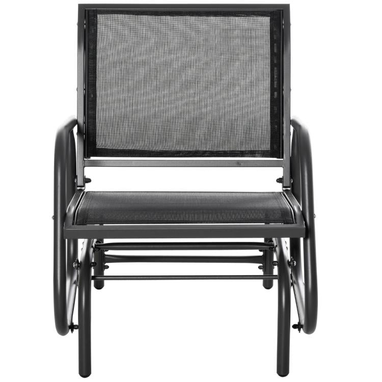 Black steel outdoor glider chair with mesh back panel and wide fabric seat